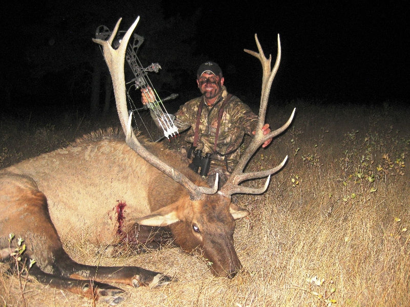 Man knelling next to an elk holding a bow and arrow in the dark